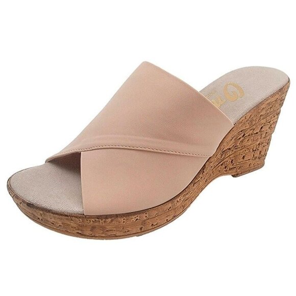 Onex Christina Italian Blush/Champagne Elastic on Cork Wedge Sandal Size 9 - Picture 2 of 10